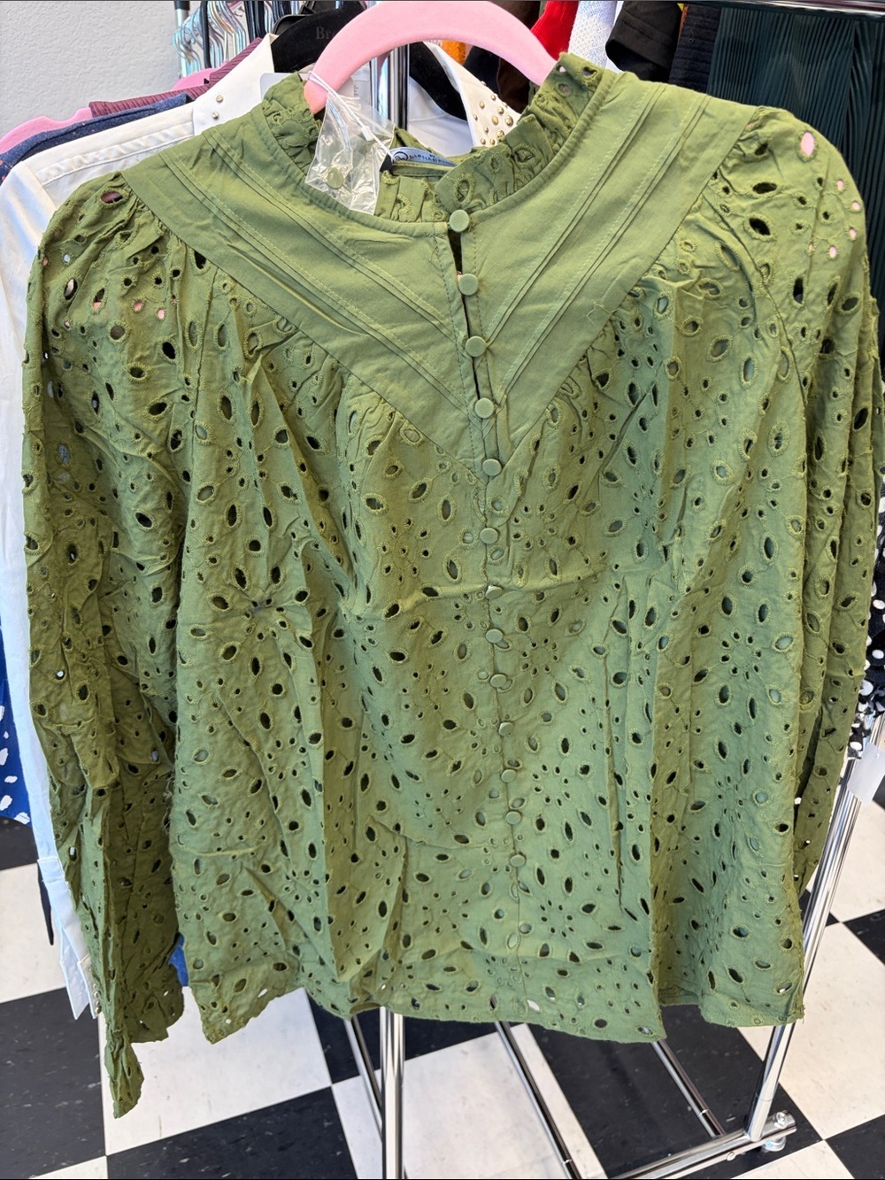 Olive Eyelet Pintuck Button-Up Blouse